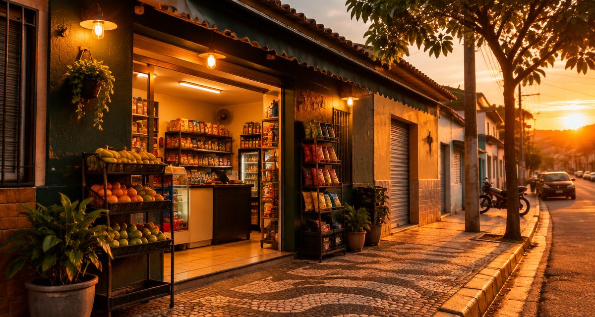 Comércio de rua iluminado no fim da tarde — BB Energia em Votorantim